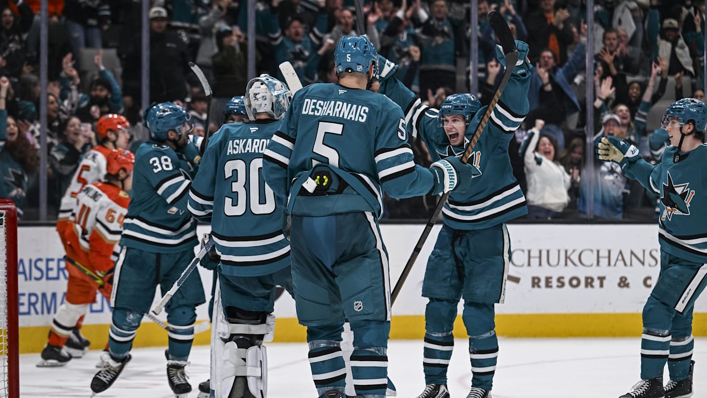 Apr 1, 2026; San Jose, California, USA; The Sharks celebrate after defeating the Anaheim Ducks at SAP Center at San Jose. Mandatory Credit: Justine Willard-Imagn Images