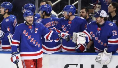 Mar 31, 2026; New York, New York, USA;  New York Rangers center J.T. Miller (8) celebrates with his teammates after scoring a goal in the first period against the New Jersey Devils at Madison Square Garden. Mandatory Credit: Wendell Cruz-Imagn Images