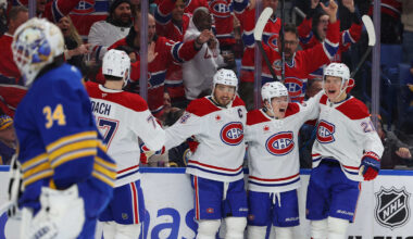 Jan 31, 2026; Buffalo, New York, USA;  Montréal Canadiens right wing Cole Caufield (13) celebrates his second goal of the game with teammates during the third period against the Buffalo Sabres at KeyBank Center. Mandatory Credit: Timothy T. Ludwig-Imagn Images