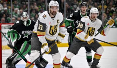 Mar 22, 2026; Dallas, Texas, USA; Vegas Golden Knights right wing Mark Stone (61) looks for the puck in front of Dallas Stars goaltender Casey DeSmith (1) during the third period at the American Airlines Center. Mandatory Credit: Jerome Miron-Imagn Images