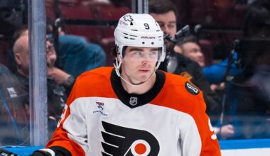 Dec 30, 2025; Vancouver, British Columbia, CAN; Philadelphia Flyers defenseman Jamie Drysdale (9) skates against the Vancouver Canucks in the second period at Rogers Arena. Mandatory Credit: Bob Frid-Imagn Images