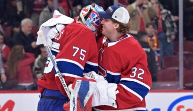 Mar 26, 2026; Montreal, Quebec, CAN; Montreal Canadiens goalie Jakub Dobes (75) celebrates the win against the Columbus Blue Jackets with teammate goalie Jacob Fowler (32) at the Bell Centre. Mandatory Credit: Eric Bolte-Imagn Images
