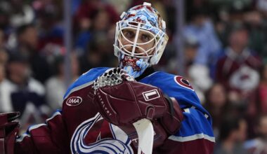 Mar 30, 2026; Denver, Colorado, USA; Colorado Avalanche goaltender Scott Wedgewood (41) during the third period against the Calgary Flames at Ball Arena. Mandatory Credit: Ron Chenoy-Imagn Images