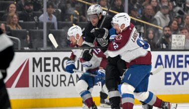 Oct 7, 2025; Los Angeles, California, USA;  Colorado Avalanche right wing Valeri Nichushkin (13), Los Angeles Kings center Anze Kopitar (11) and Colorado Avalanche left wing Gabriel Landeskog (92) chase down the puck at Crypto.com Arena. Mandatory Credit: Jayne Kamin-Oncea-Imagn Images