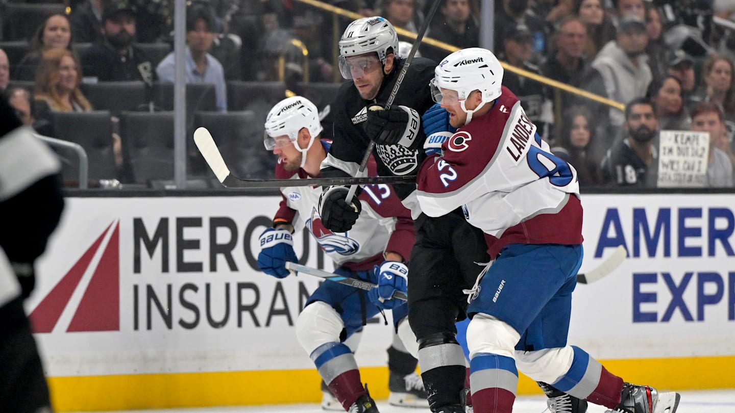 Oct 7, 2025; Los Angeles, California, USA;  Colorado Avalanche right wing Valeri Nichushkin (13), Los Angeles Kings center Anze Kopitar (11) and Colorado Avalanche left wing Gabriel Landeskog (92) chase down the puck at Crypto.com Arena. Mandatory Credit: Jayne Kamin-Oncea-Imagn Images