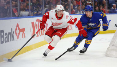 Mar 27, 2026; Buffalo, New York, USA;  Detroit Red Wings defenseman Albert Johansson (20) looks to make a pass as Buffalo Sabres defenseman Bowen Byram (4) defends during the first period at KeyBank Center. Mandatory Credit: Timothy T. Ludwig-Imagn Images