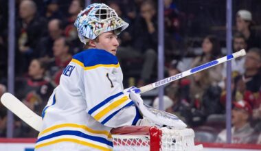 Apr 2, 2026; Ottawa, Ontario, CAN; Buffalo Sabres goalie Ukko-Pekka Lukkonen (1) takes a break in the first period against the Ottawa Senators at the Canadian Tire Centre. Mandatory Credit: Marc DesRosiers-IMAGN Images