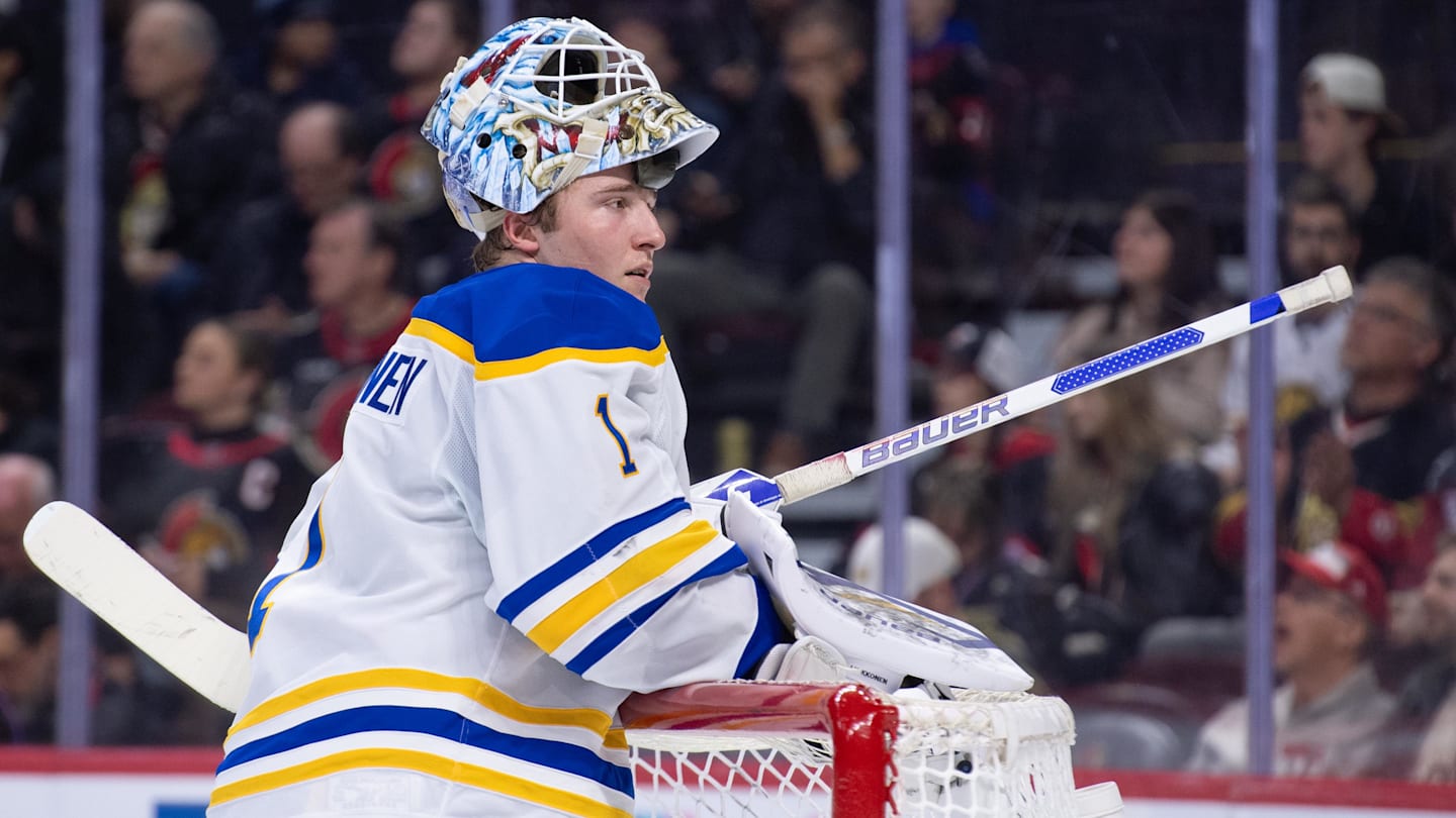 Apr 2, 2026; Ottawa, Ontario, CAN; Buffalo Sabres goalie Ukko-Pekka Lukkonen (1) takes a break in the first period against the Ottawa Senators at the Canadian Tire Centre. Mandatory Credit: Marc DesRosiers-IMAGN Images