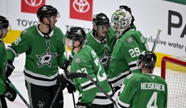 Apr 2, 2026; Dallas, Texas, USA; Dallas Stars right wing Mikko Rantanen (96) and center Matt Duchene (95) and defenseman Esa Lindell (23) and goaltender Jake Oettinger (29) and defenseman Miro Heiskanen (4) celebrate the win over the Winnipeg Jets at the American Airlines Center. Mandatory Credit: Jerome Miron-Imagn Images