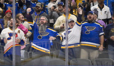 Oct 23, 2025; St. Louis, Missouri, USA; St. Louis Blues fans react after St. Louis Blues center Pius Suter (not pictured) scored against the Utah Mammoth during the second period at Enterprise Center. Mandatory Credit: Jeff Curry-Imagn Images