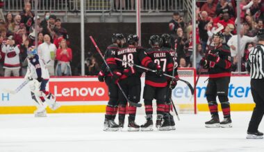 Apr 2, 2026; Raleigh, North Carolina, USA;  Carolina Hurricanes left wing Jordan Martinook (48) celebrates his goal with left wing Nikolaj Ehlers (27) defenseman Jalen Chatfield (5) center Jordan Staal (11)and  defenseman Jaccob Slavin (74) against the Columbus Blue Jackets during the second period at Lenovo Center. Mandatory Credit: James Guillory-Imagn Images