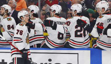 Apr 2, 2026; Edmonton, Alberta, CAN; The Chicago Blackhawks celebrate a goal scored  forward Nick Lardis (76) during the third period against the Edmonton Oilers at Rogers Place. Mandatory Credit: Perry Nelson-Imagn Images
