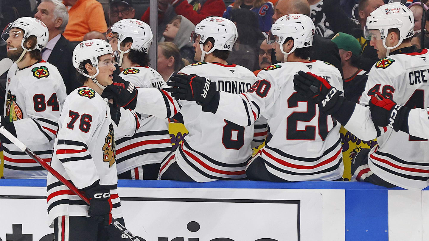 Apr 2, 2026; Edmonton, Alberta, CAN; The Chicago Blackhawks celebrate a goal scored  forward Nick Lardis (76) during the third period against the Edmonton Oilers at Rogers Place. Mandatory Credit: Perry Nelson-Imagn Images