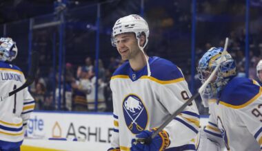 Feb 28, 2026; Tampa, Florida, USA; Buffalo Sabres forward Josh Norris (9) before the game against the Tampa Bay Lightning at Benchmark International Arena. Mandatory Credit: Morgan Tencza-Imagn Images