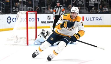 Apr 2, 2026; Los Angeles, California, USA; Nashville Predators right wing Luke Evangelista (77) celebrates after winning the penalty shootout against the Los Angeles Kings at Crypto.com Arena. Mandatory Credit: Griffin Hooper-Imagn Images