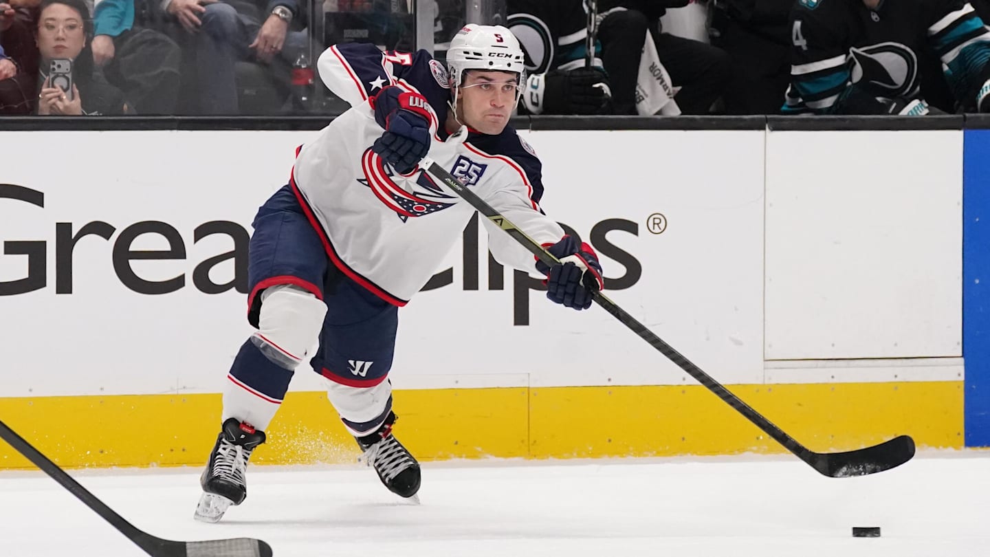 Jan 6, 2026; San Jose, California, USA; Columbus Blue Jackets defenseman Denton Mateychuk (5) passes the puck against the San Jose Sharks in the first period at SAP Center at San Jose. Mandatory Credit: David Gonzales-Imagn Images
