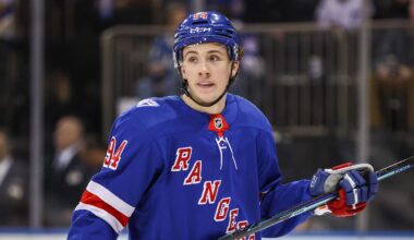 Feb 28, 2026; New York, New York, USA;  New York Rangers right wing Gabe Perreault (94) at Madison Square Garden. Mandatory Credit: Wendell Cruz-Imagn Images