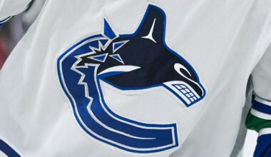 Nov 12, 2023; Montreal, Quebec, CAN; View of a Vancouver Canucks logo on a jersey worn by a member of the team against the Montreal Canadiens during the second period at Bell Centre. Mandatory Credit: David Kirouac-Imagn Images