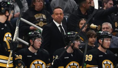 Mar 3, 2026; Boston, Massachusetts, USA; Boston Bruins head coach Marco Sturm behind the bench during the third period against the Pittsburgh Penguins at TD Garden. Mandatory Credit: Winslow Townson-Imagn Images