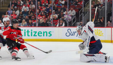 Washington Capitals goaltender Logan Thompson (48) makes a save on New Jersey Devils left wing Jesper Bratt (63): Ed Mulholland-Imagn Images