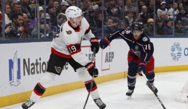 Jan 20, 2026; Columbus, Ohio, USA; Ottawa Senators right wing Drake Batherson (19) passes the puck as Columbus Blue Jackets defenseman Damon Severson (78) trails the play during the first period at Nationwide Arena. Mandatory Credit: Russell LaBounty-Imagn Images