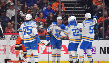 Apr 3, 2026; Anaheim, California, USA; St. Louis Blues celebrate the goal scored by center Pius Suter (22) against the Anaheim Ducks during the second period at Honda Center. Mandatory Credit: Gary A. Vasquez-Imagn Images