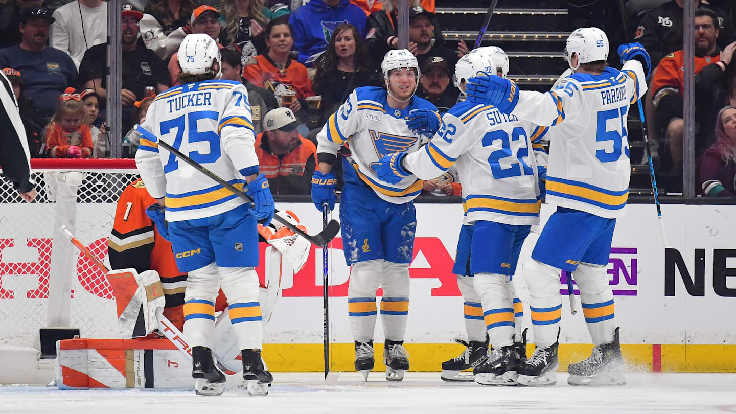 Apr 3, 2026; Anaheim, California, USA; St. Louis Blues center Pius Suter (22) celebrates his goal scored against the Anaheim Ducks during the second period at Honda Center. Mandatory Credit: Gary A. Vasquez-Imagn Images