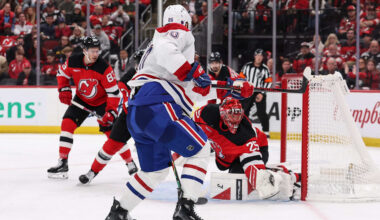 Nov 6, 2025; Newark, New Jersey, USA; New Jersey Devils goaltender Jacob Markstrom (25)during the third period at Prudential Center. Mandatory Credit: Ed Mulholland-Imagn Images