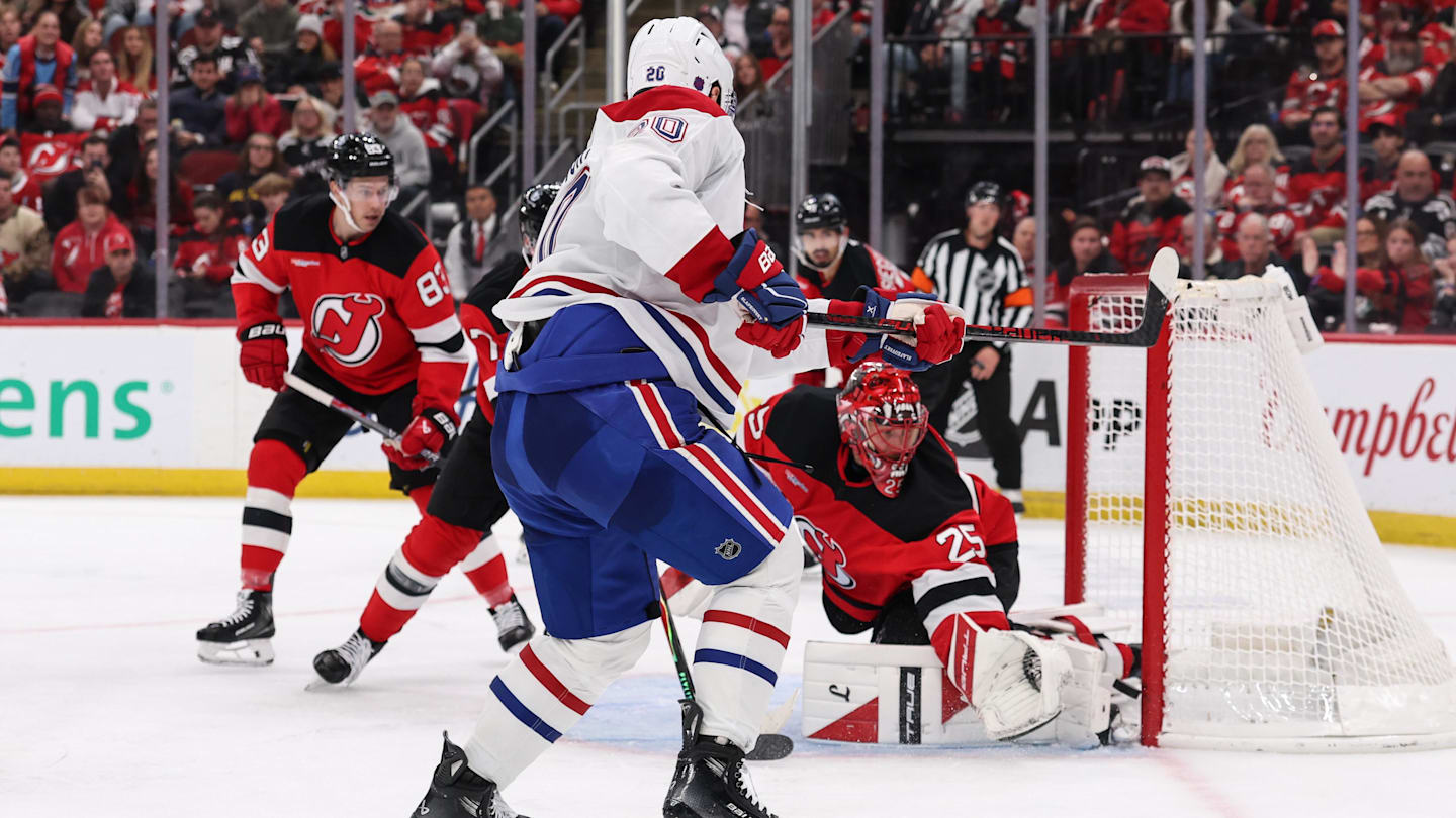 Nov 6, 2025; Newark, New Jersey, USA; New Jersey Devils goaltender Jacob Markstrom (25)during the third period at Prudential Center. Mandatory Credit: Ed Mulholland-Imagn Images