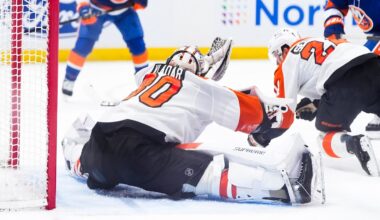 Apr 3, 2026; Elmont, New York, USA;  Philadelphia Flyers goaltender Dan Vladar (80) makes a save against the New York Islanders in the second period at UBS Arena.