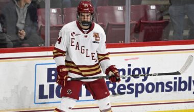 Feb 28, 2025; Chestnut Hill, MA, USA; Boston College forward Andre Gasseau (24) warms up before a game against the University of New Hampshire Wildcats at Conte Forum. Mandatory Credit: Eric Canha-Imagn Images