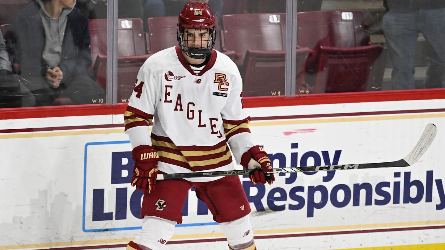Feb 28, 2025; Chestnut Hill, MA, USA; Boston College forward Andre Gasseau (24) warms up before a game against the University of New Hampshire Wildcats at Conte Forum. Mandatory Credit: Eric Canha-Imagn Images