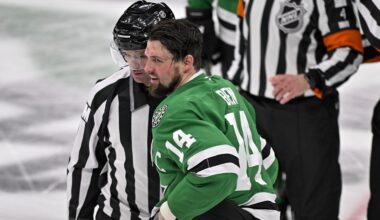 Apr 2, 2026; Dallas, Texas, USA; Dallas Stars left wing Jamie Benn (14) skates off the ice after fighting Winnipeg Jets center Adam Lowry (not pictured) during the third period at the American Airlines Center. Mandatory Credit: Jerome Miron-Imagn Images