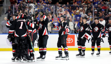 Mar 28, 2026; Buffalo, New York, USA;  The Buffalo Sabres celebrate a win over the Seattle Kraken at KeyBank Center. Mandatory Credit: Timothy T. Ludwig-Imagn Images