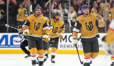Apr 2, 2026; Las Vegas, Nevada, USA; Vegas Golden Knights left wing Ivan Barbashev (49) celebrates after scoring a goal against the Calgary Flames during the third period at T-Mobile Arena. Mandatory Credit: Stephen R. Sylvanie-Imagn Images