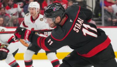 Feb 3, 2026; Raleigh, North Carolina, USA;  Carolina Hurricanes center Jordan Staal (11) scores a goal against the Ottawa Senators during the third period at Lenovo Center. Mandatory Credit: James Guillory-Imagn Images