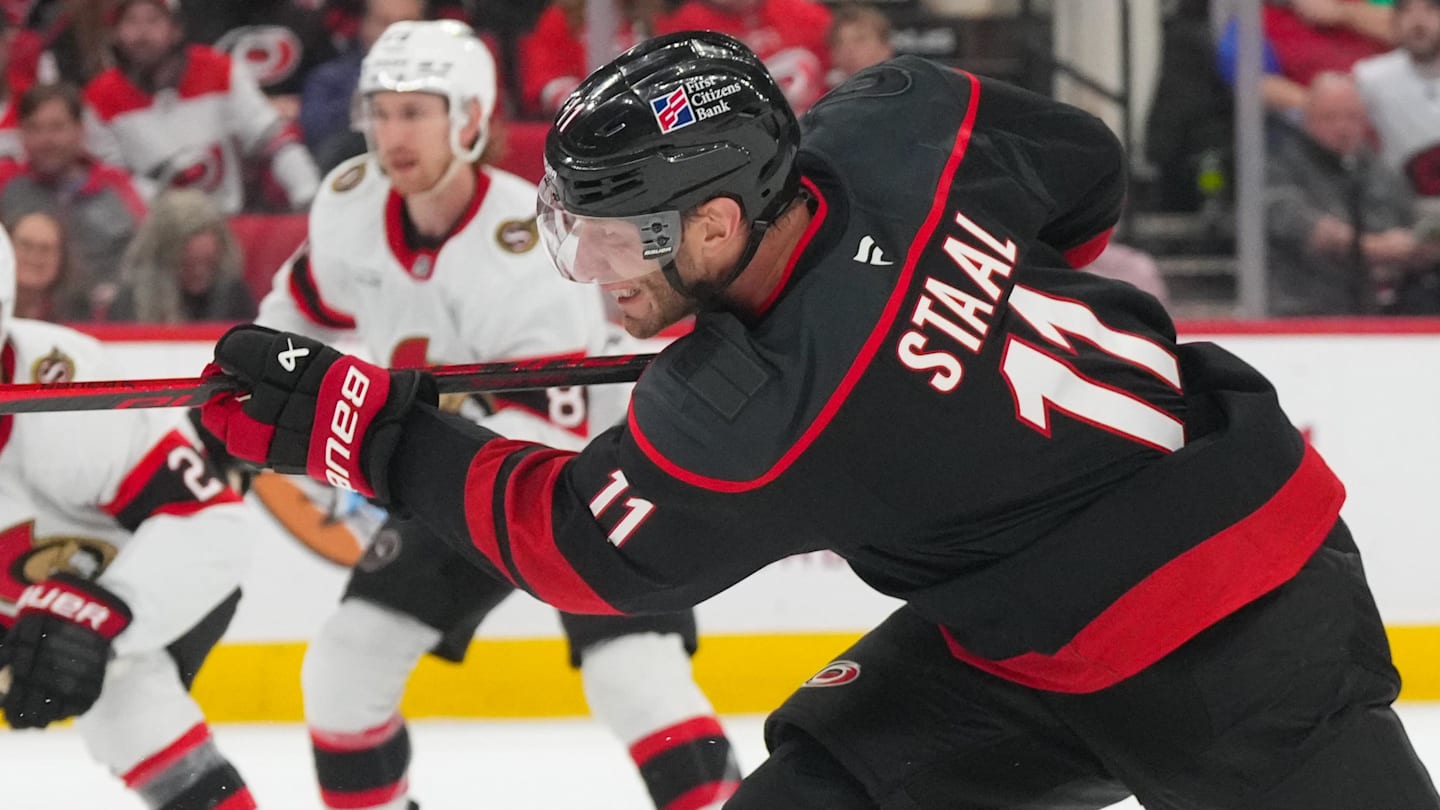Feb 3, 2026; Raleigh, North Carolina, USA;  Carolina Hurricanes center Jordan Staal (11) scores a goal against the Ottawa Senators during the third period at Lenovo Center. Mandatory Credit: James Guillory-Imagn Images