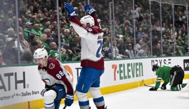 Apr 4, 2026; Dallas, Texas, USA; Colorado Avalanche center Martin Necas (88) and center Nathan MacKinnon (29) celebrate after Necas scores the game winning goal against the Dallas Stars during the third period at the American Airlines Center. Mandatory Credit: Jerome Miron-Imagn Images