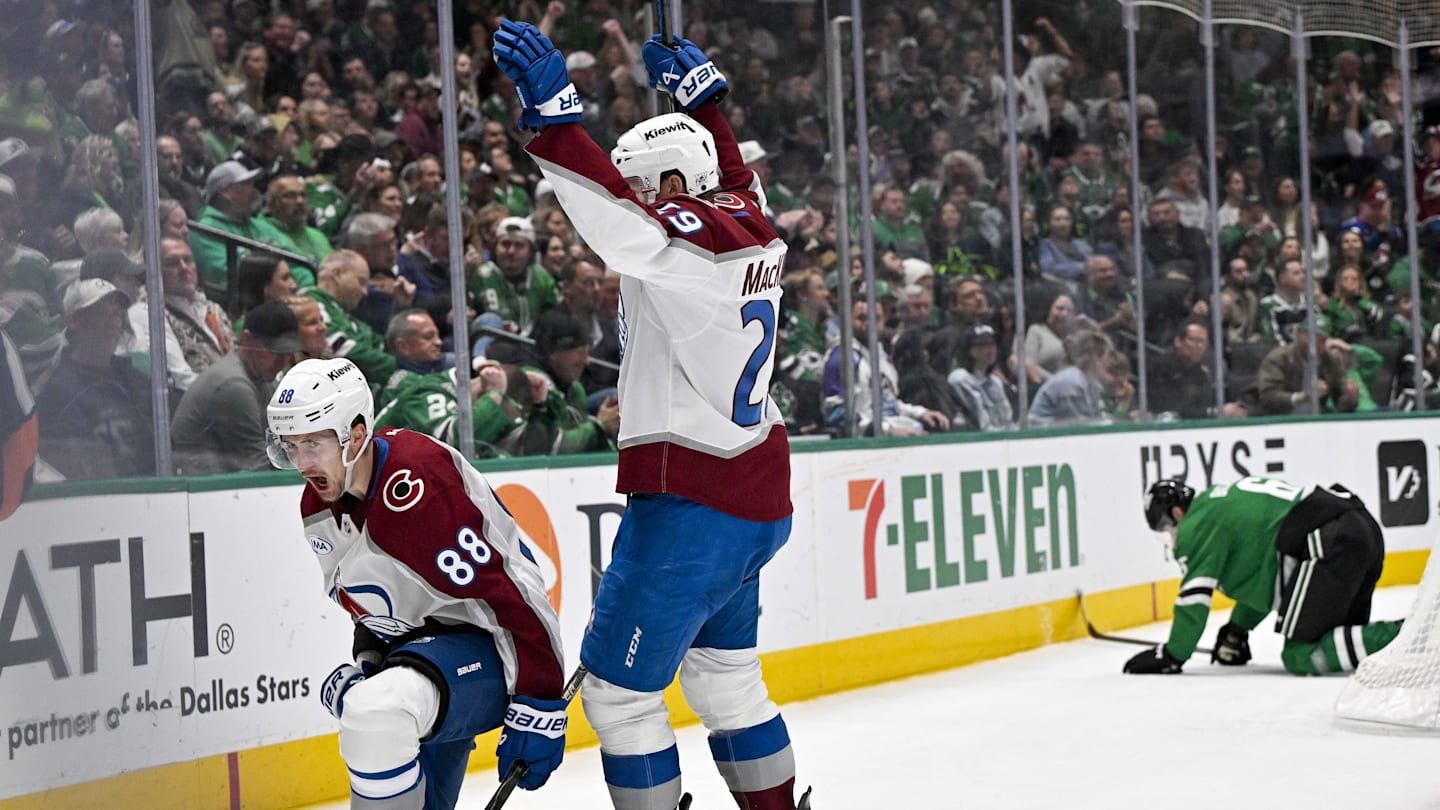 Apr 4, 2026; Dallas, Texas, USA; Colorado Avalanche center Martin Necas (88) and center Nathan MacKinnon (29) celebrate after Necas scores the game winning goal against the Dallas Stars during the third period at the American Airlines Center. Mandatory Credit: Jerome Miron-Imagn Images