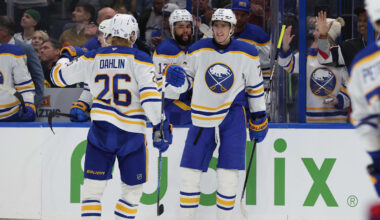 Mar 6, 2025; Tampa, Florida, USA; Buffalo Sabres center Tage Thompson (72) is congratulated by defenseman Rasmus Dahlin (26) after he scored a goal against the Tampa Bay Lightning during the second period at Amalie Arena. Mandatory Credit: Kim Klement Neitzel-Imagn Images