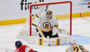 Apr 2, 2026; Sunrise, Florida, USA; Boston Bruins goaltender Jeremy Swayman (1) makes a save against Florida Panthers center Sam Bennett (9) during the third period at Amerant Bank Arena. Mandatory Credit: Sam Navarro-Imagn Images