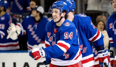 Apr 4, 2026; New York, New York, USA; New York Rangers right wing Gabe Perreault (94) celebrates his second goal against the Detroit Red Wings during the third period at Madison Square Garden. Mandatory Credit: Danny Wild-Imagn Images