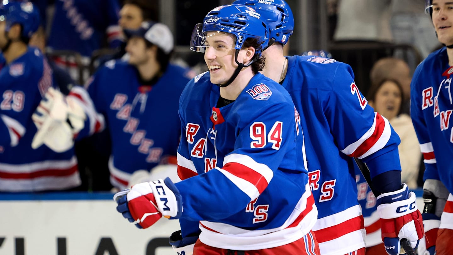 Apr 4, 2026; New York, New York, USA; New York Rangers right wing Gabe Perreault (94) celebrates his second goal against the Detroit Red Wings during the third period at Madison Square Garden. Mandatory Credit: Danny Wild-Imagn Images