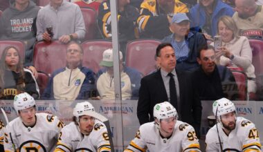Apr 2, 2026; Sunrise, Florida, USA; Boston Bruins head coach Marco Sturm watches from the bench against the Florida Panthers during the third period at Amerant Bank Arena. Mandatory Credit: Sam Navarro-Imagn Images