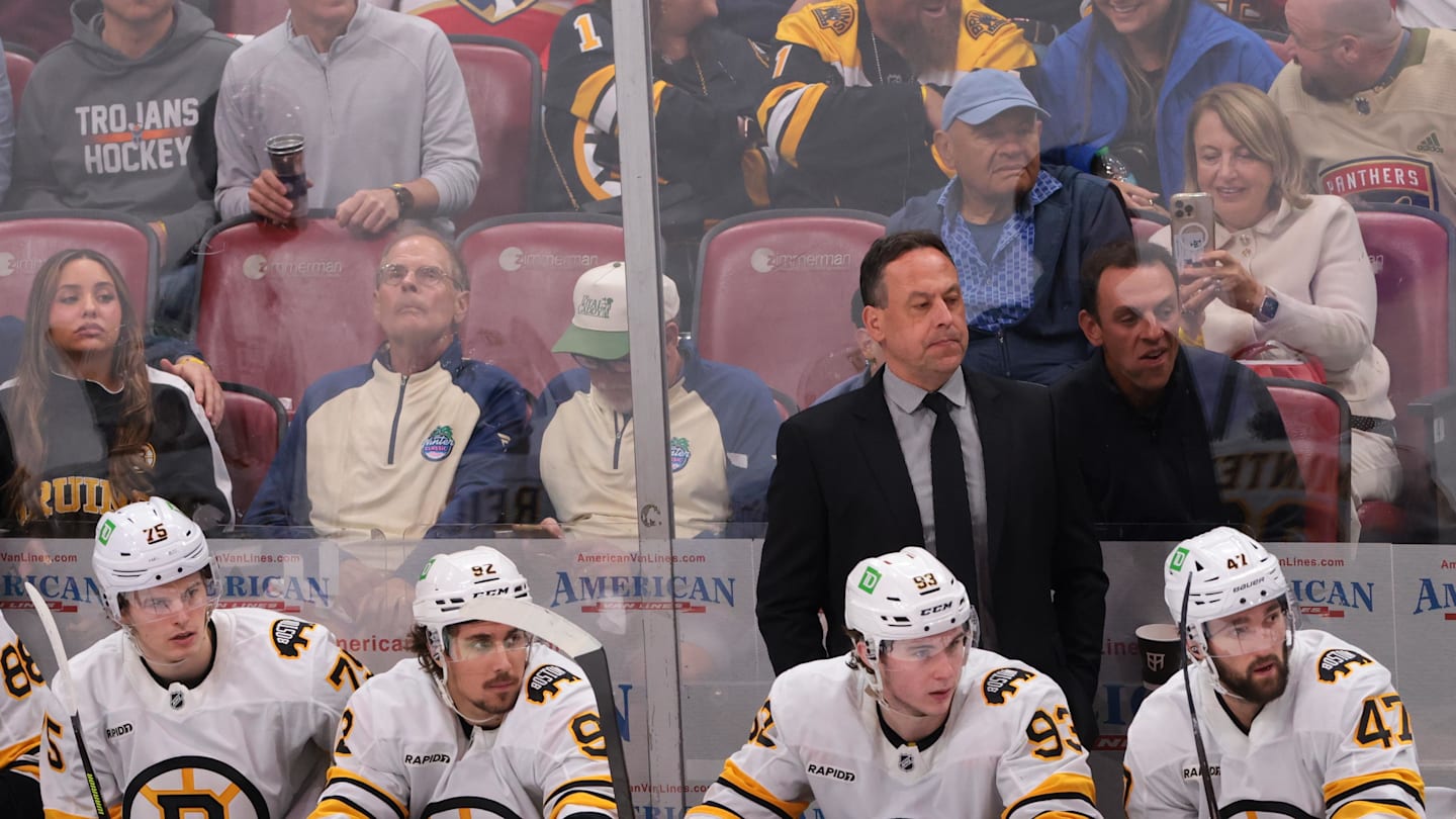 Apr 2, 2026; Sunrise, Florida, USA; Boston Bruins head coach Marco Sturm watches from the bench against the Florida Panthers during the third period at Amerant Bank Arena. Mandatory Credit: Sam Navarro-Imagn Images