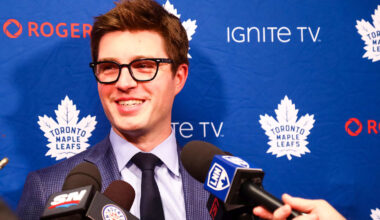 Dec 1, 2018; Saint Paul, MN, USA; Toronto Maple Leafs General Manager Kyle Dubas addressed the media before the start of the game against the Minnesota Wild at Xcel Energy Center. Mandatory Credit: David Berding-Imagn Images