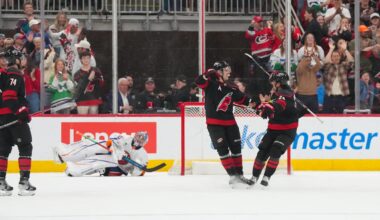 Apr 4, 2026; Raleigh, North Carolina, USA;  Carolina Hurricanes center Sebastian Aho (20) is congratulated by center Seth Jarvis (24) after his goal past New York Islanders goaltender Ilya Sorokin (30) during the second period at Lenovo Center. Mandatory Credit: James Guillory-Imagn Images