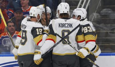 Apr 4, 2026; Edmonton, Alberta, CAN; The Vegas Golden Knights celebrate a goal by forward Colton Sissons (10) during the second period against the Edmonton Oilers at Rogers Place. Mandatory Credit: Perry Nelson-Imagn Images