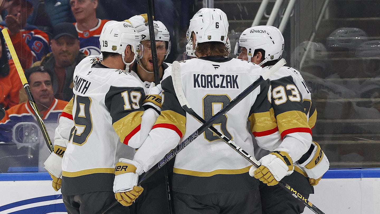 Apr 4, 2026; Edmonton, Alberta, CAN; The Vegas Golden Knights celebrate a goal by forward Colton Sissons (10) during the second period against the Edmonton Oilers at Rogers Place. Mandatory Credit: Perry Nelson-Imagn Images