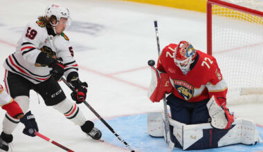 Oct 7, 2025; Sunrise, Florida, USA; Florida Panthers goaltender Sergei Bobrovsky (72) makes a save against Chicago Blackhawks left wing Tyler Bertuzzi (59) during the third period at Amerant Bank Arena. Mandatory Credit: Sam Navarro-Imagn Images
